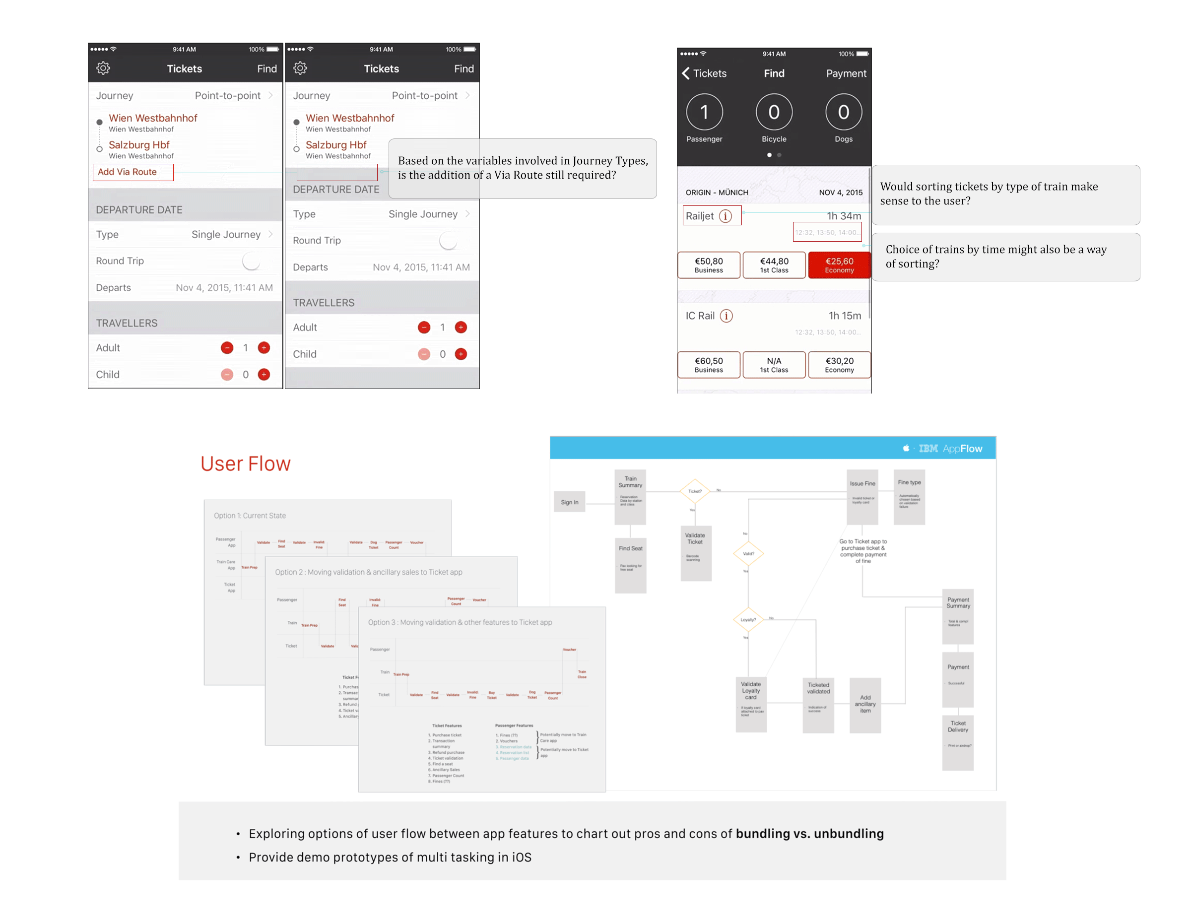 ÖBB Tickets — landing screen and find tickets UI iterations