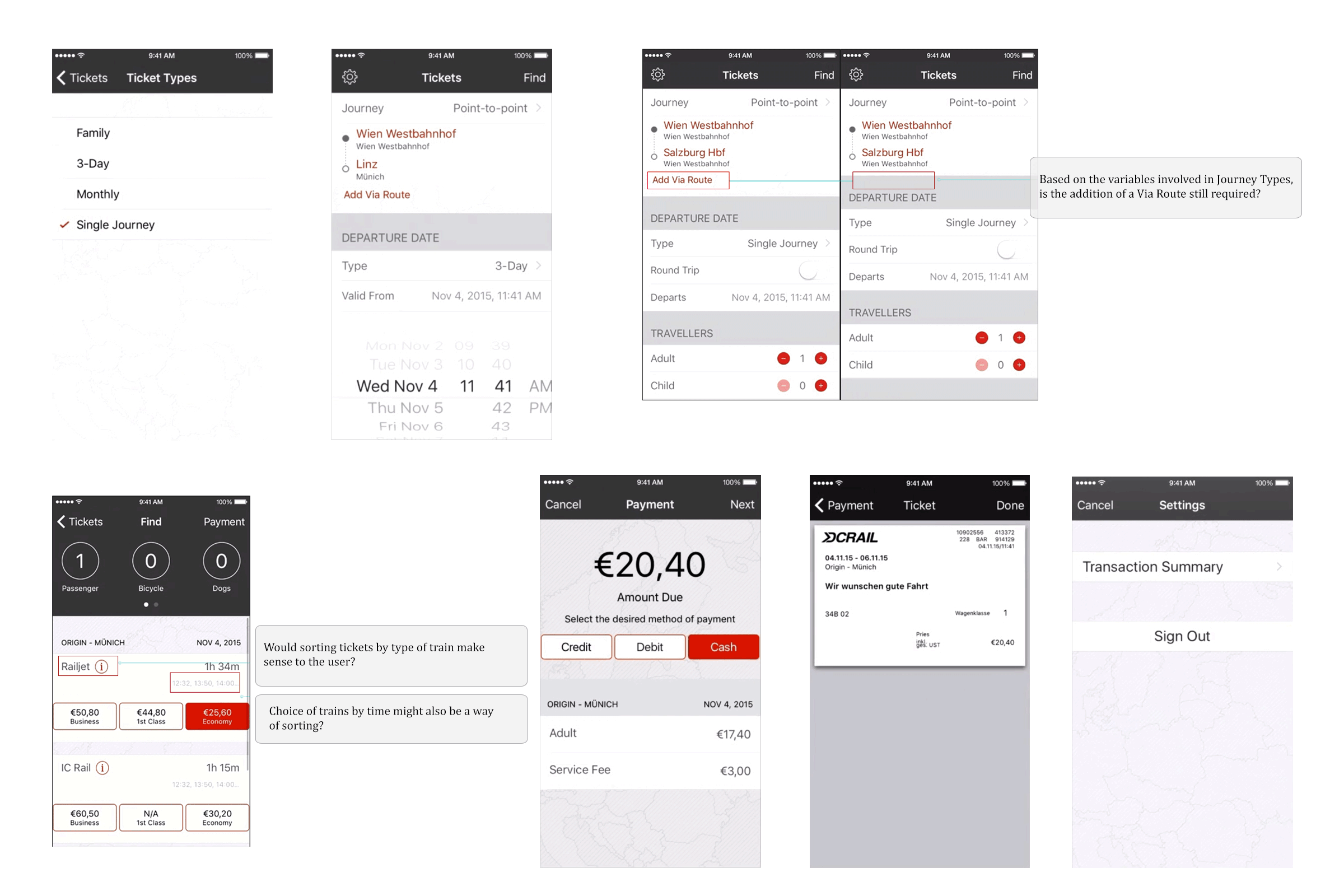 ÖBB ticket app UI screens with annotated open design questions about journey routing and ticket sorting