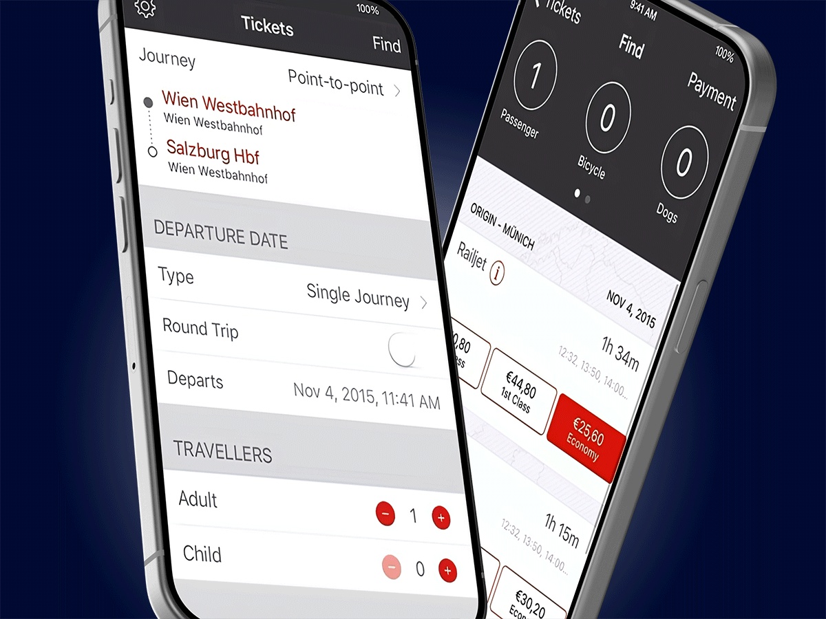 ÖBB train ticket app showing a Wien Westbahnhof to Salzburg Hbf journey and a booking flow with train pricing options