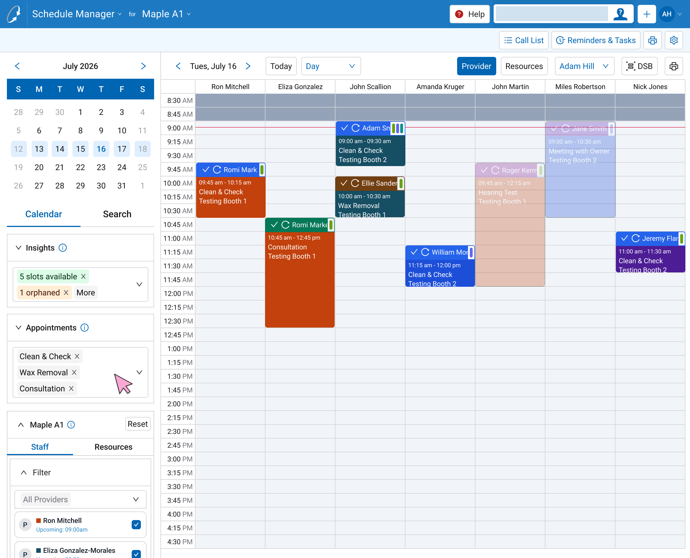 Calendar filtering interaction — custom appointment types recede non-essential schedules