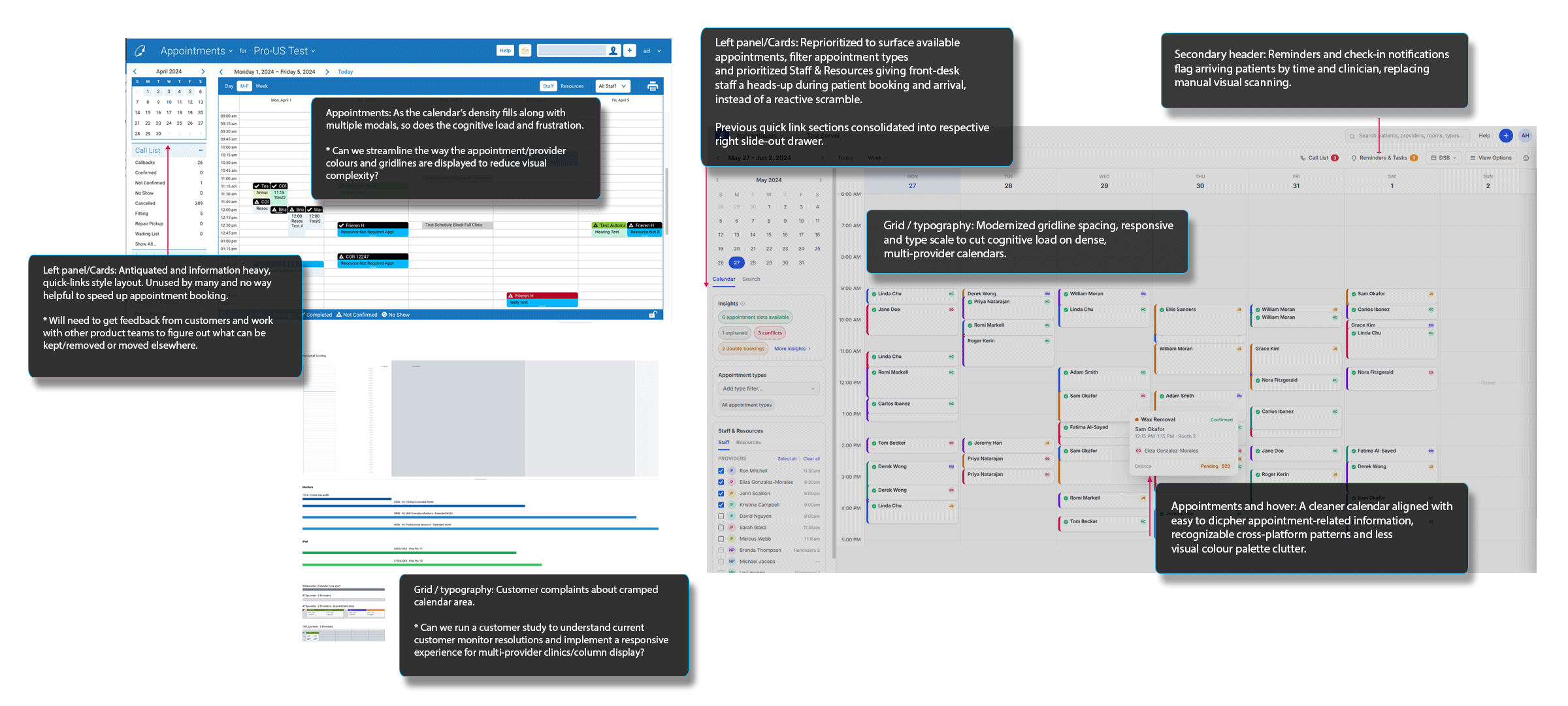 Calendar redesign progress showing the before interface and annotated redesign direction