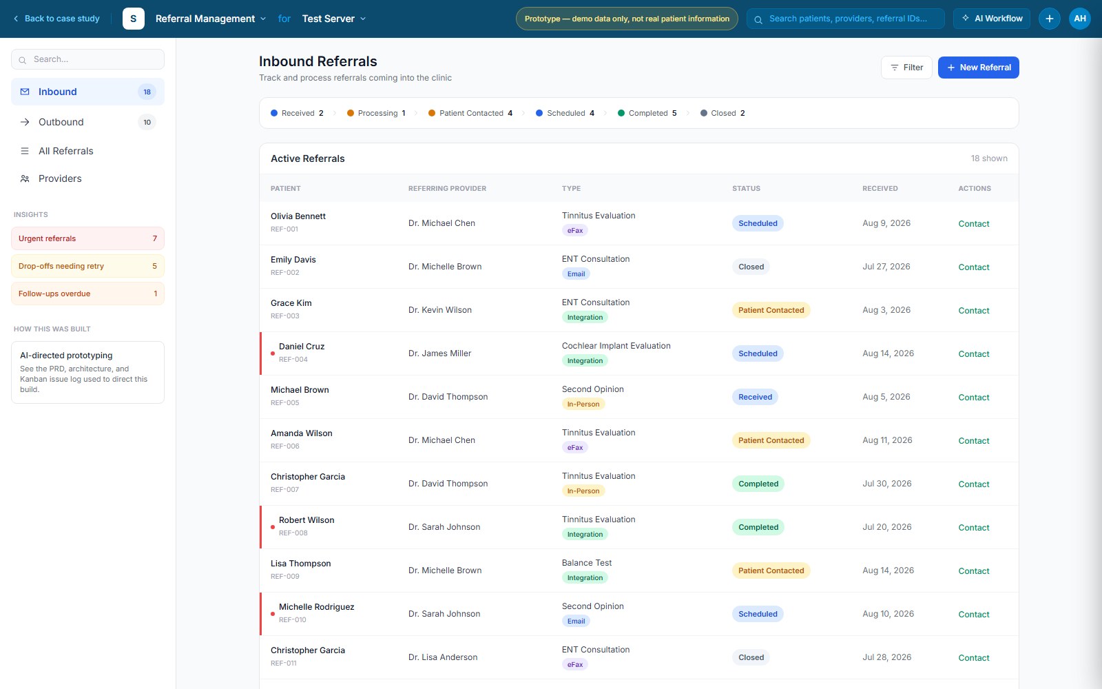 Referral management prototype showing inbound referral tracking
