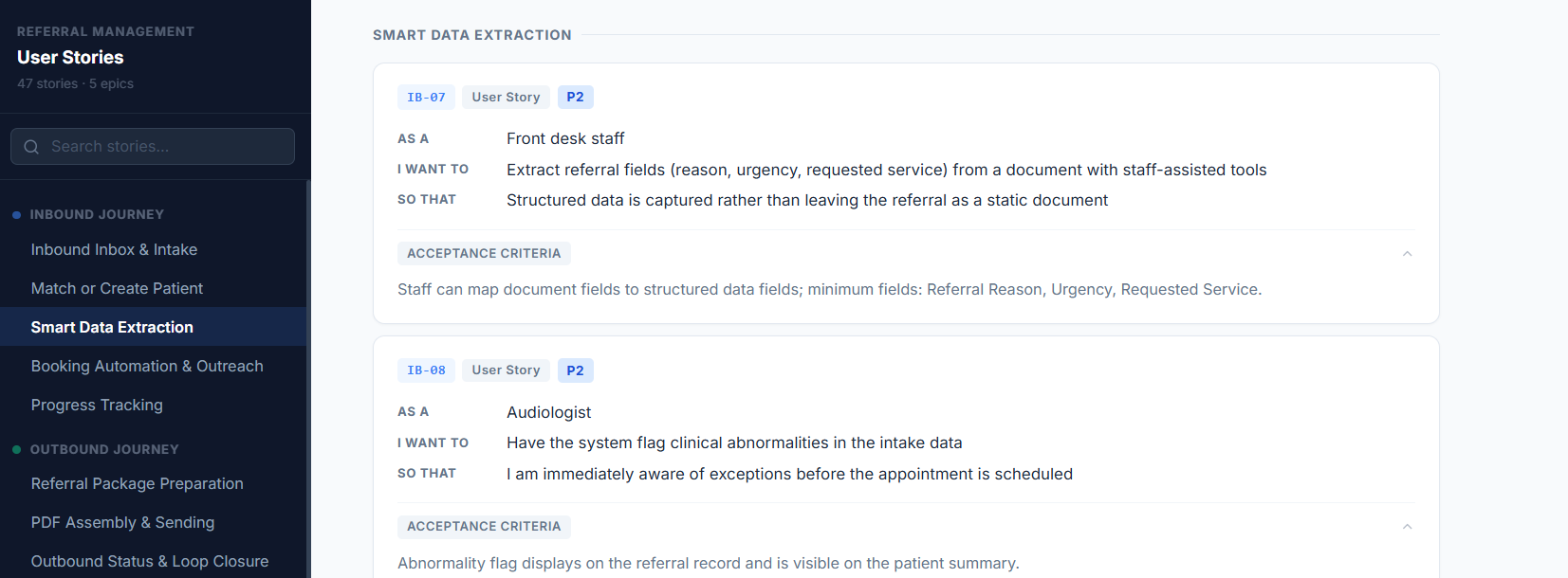 User story mapping for referral management