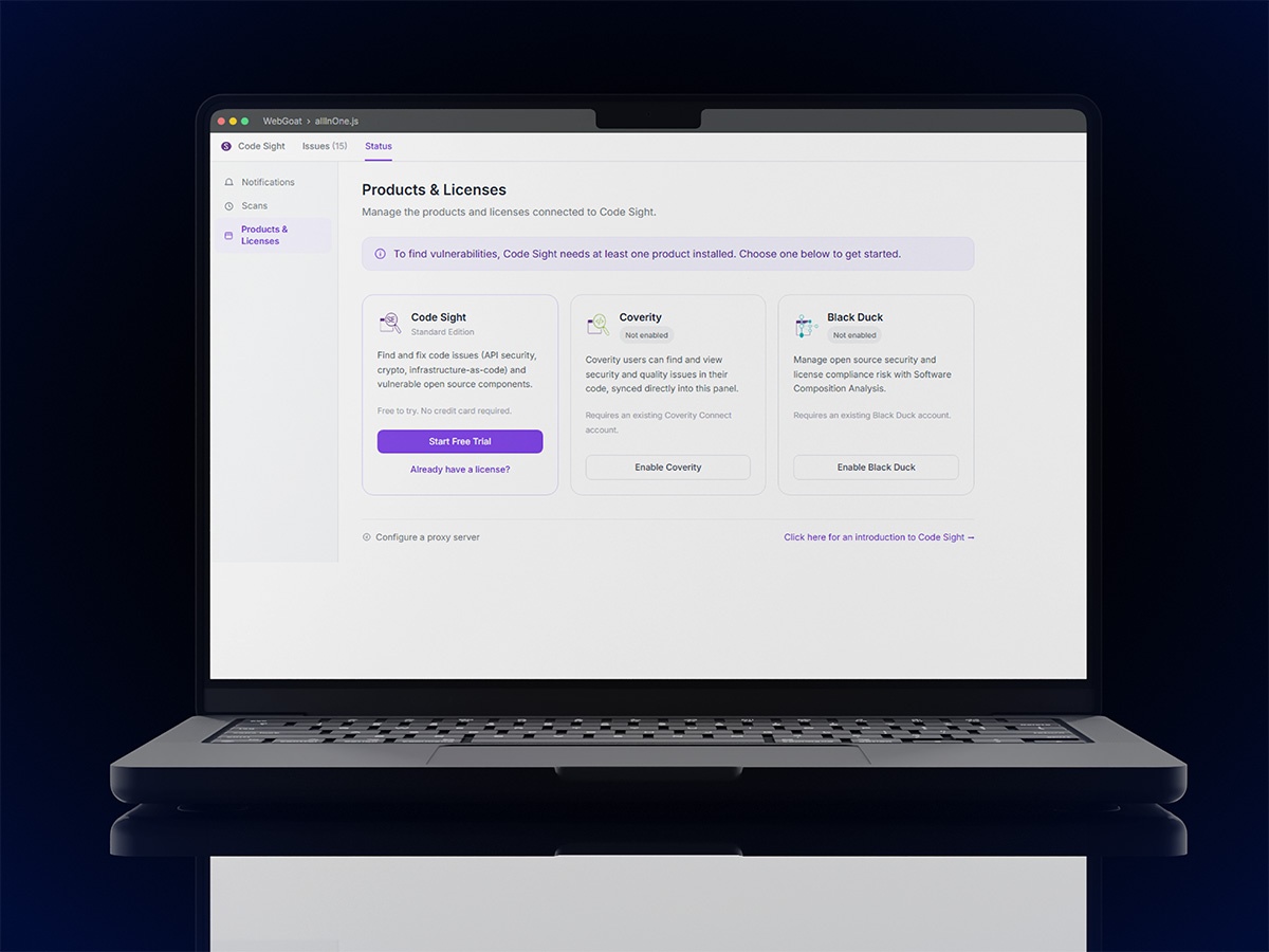 Synopsys Code Sight modernized Products and Licenses onboarding panel