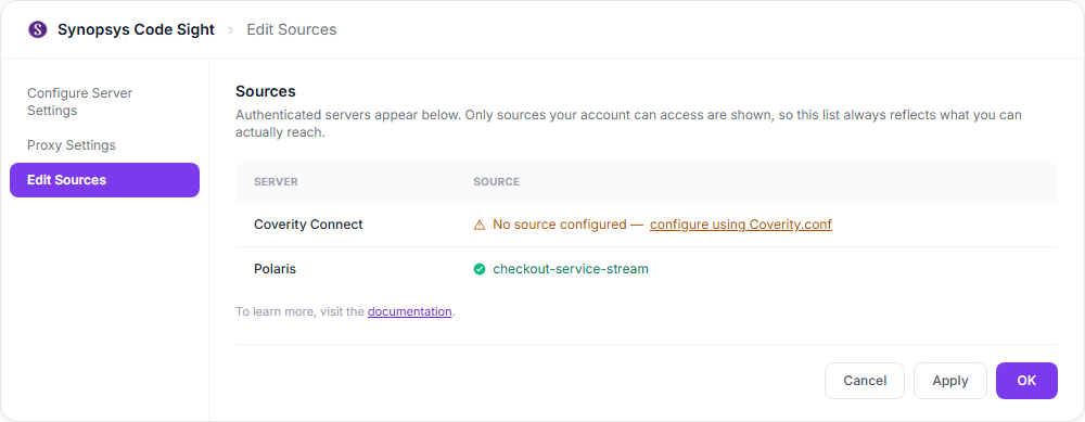 Modernized Edit Sources panel showing which servers and sources are actually reachable