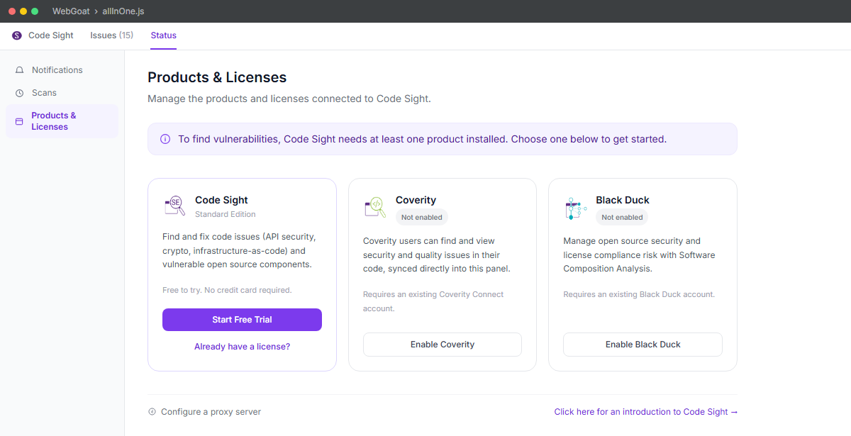 Modernized Products and Licenses onboarding panel showing Code Sight, Coverity, and Black Duck status cards