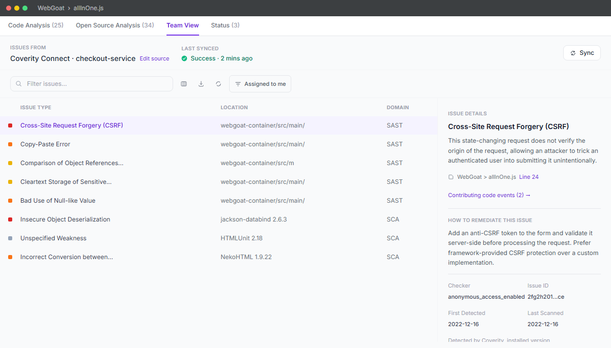 Modernized Team View dual-pane panel showing an issues table and issue detail panel