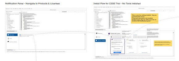 Mapped notification panel and install flow states for the CSSE trial onboarding path